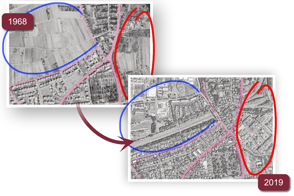 Collage, die die Flächenversiegelung in Baden-Württemberg anhand des Stuttgarter Vororts Vaihingen zeigt